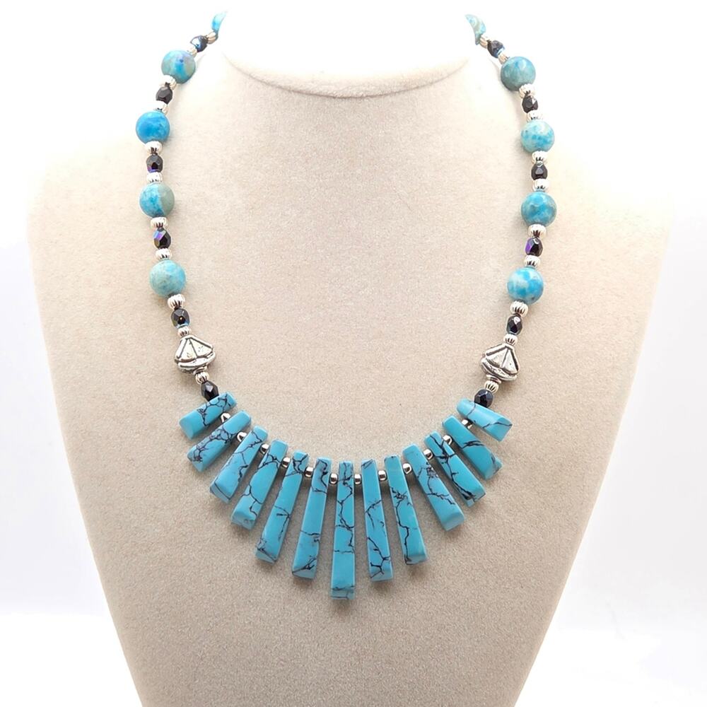 Boho Aqua Terra Jasper & Turquoise Spike Statement Choker Necklace 14"